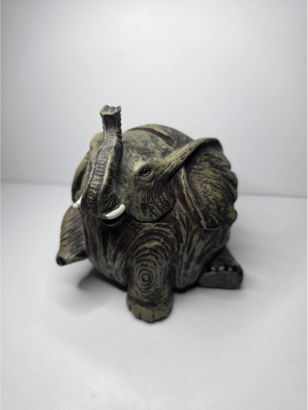 Vintage Faux Bronze Resin Elephant Coin Bank Figurine Trunk Up Luck Decor